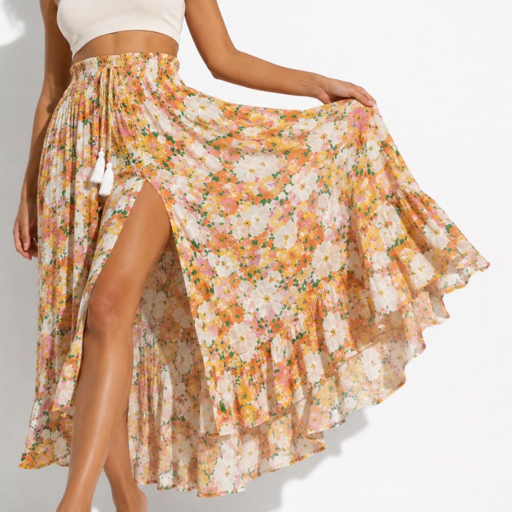 NWT Boho Floral High-Low Maxi Skirt Smocked Waist Tassel Tie Beach Festival L